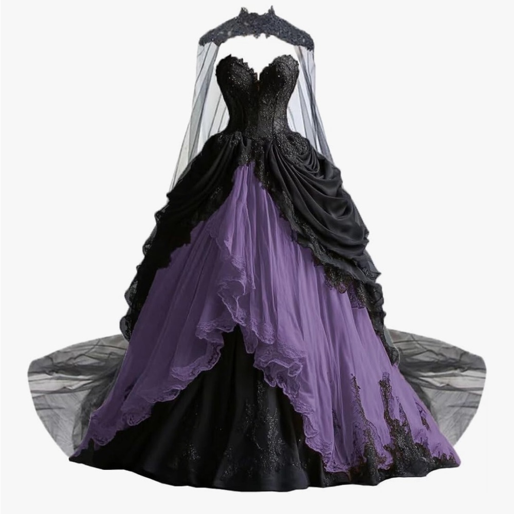 Black and Purple “Gothic” Gown with Lace Details and cape